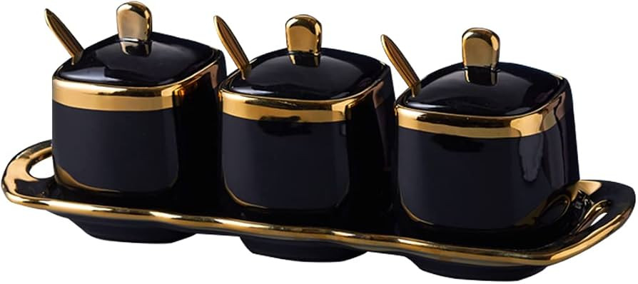 Black Sugar Bowl with Lid and Spoon,Ceramic Condiment Jars Spice Container with Tray,Sugar and Sa... | Amazon (US)