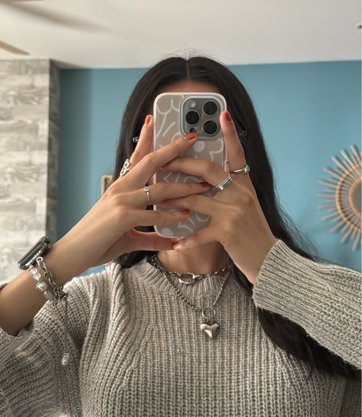 Silver jewelry, chunky, silver jewelry, layered silver necklace, layered rings, Apple Watch band, gray sweater, iPhone case flower, iPhone case Pinterest aesthetic, spring info, spring outfit, info, casual spring outfit

#LTKsalealert #LTKstyletip #LTKfindsunder50
