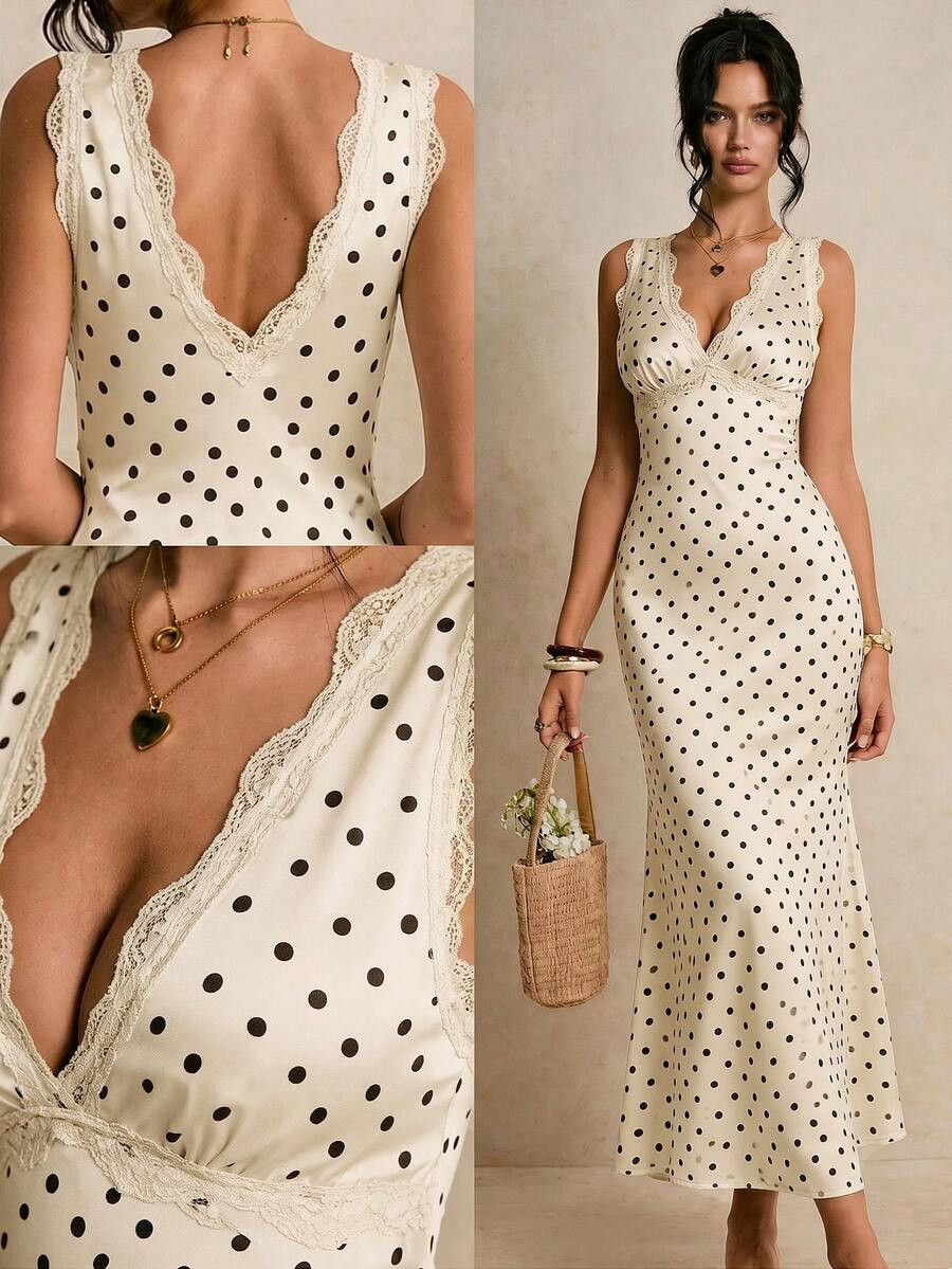 Poéselle Women's Elegant French Lace Polka Dot Patchwork Dress | SHEIN