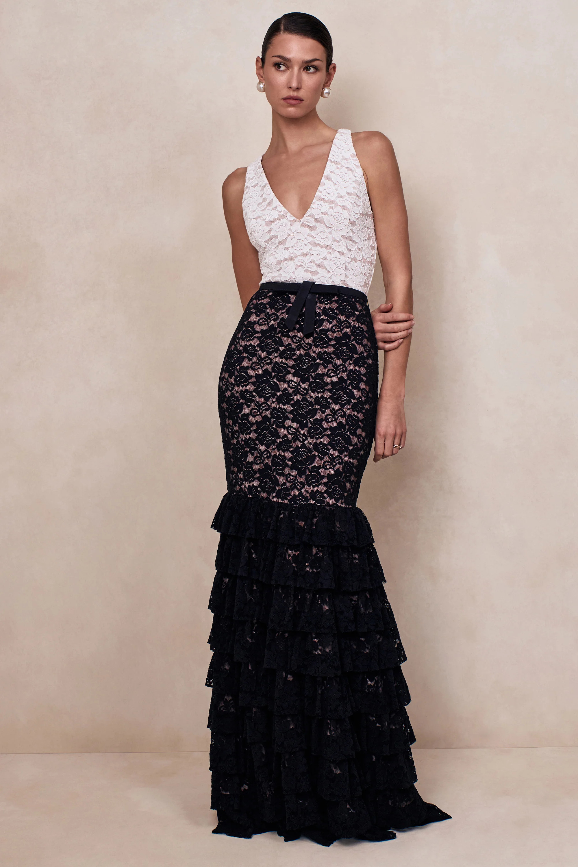 Isoria | Black And White Lace Halter-Neck Maxi Dress With Bow-Belt Detail | Club L London