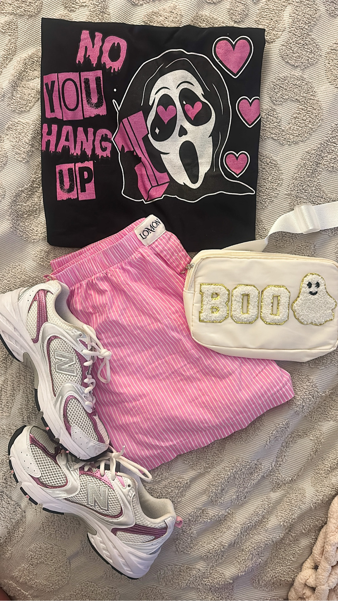 Halloween Horror nights outfit
- pink Ghostface No you hang up first tshirt from Scream
- pink stripped women’s boxer shorts
- pink new balance 530s 
- BOO Fanny pack 
Vacation outfit | universal studios | disney world | outfit inspo 

#LTKtravel #LTKsalealert #LTKSeasonal