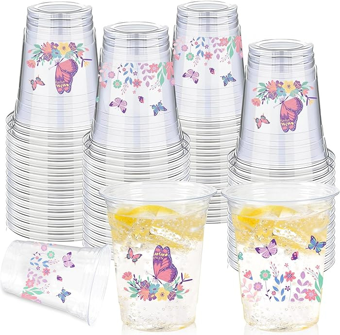 50 Pieces Butterfly Plastic Cups, 12 Oz Butterflies Floral Plastic Clear Disposable Drinking Cups... | Amazon (US)