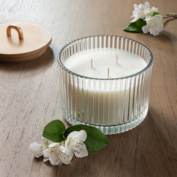 13oz Wood Lidded Ribbed Glass 3-Wick Mandarin Orange Blossom Candle - Threshold™ designed with ... | Target