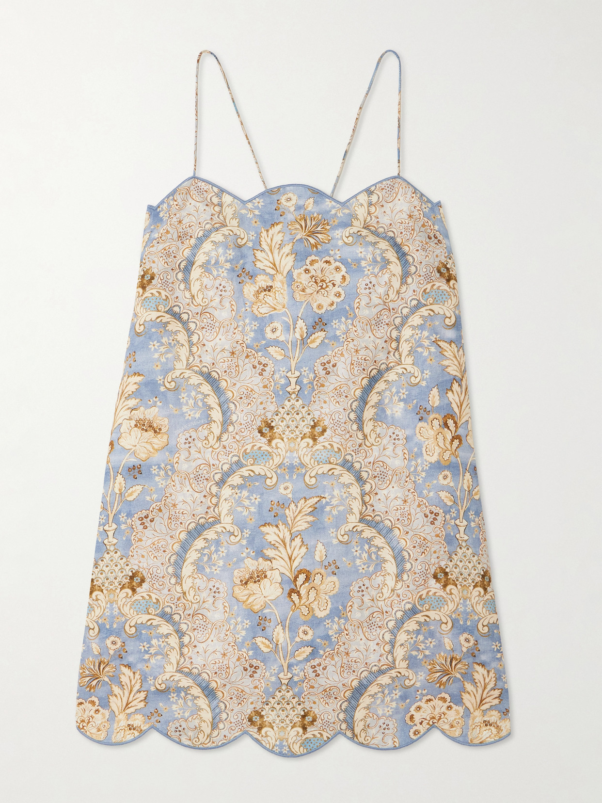 Zimmermann - Daylight Scalloped Printed Linen Mini Dress - Blue | NET-A-PORTER (US)