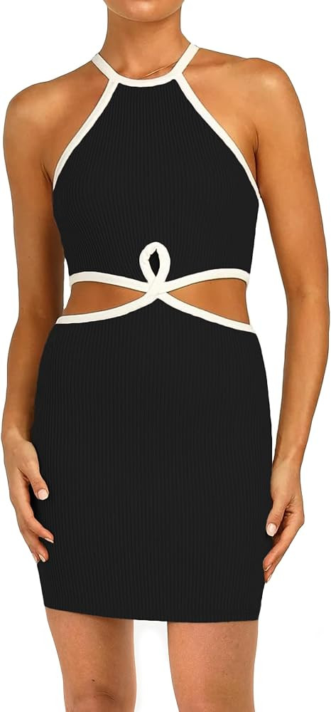 Amazon.com: KMOLY Women's Sexy Cut Out Waist Mini Dress Ribbed Knitted Bodycon Sleeveless Club Pa... | Amazon (US)