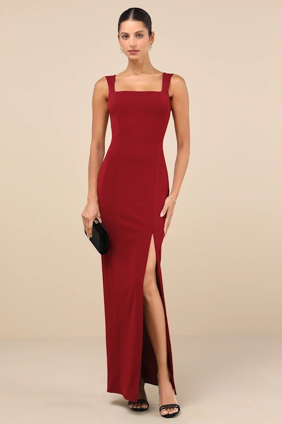  Wine Red Square Neck Column Maxi Dress | Red Wedding Guest Dress | Lulus