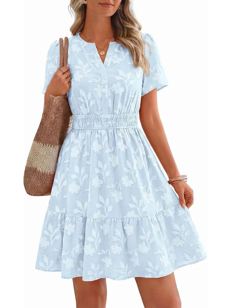 Wrongduck Womens Floral V Neck Mini Dress 2026 Short Sleeve Elastic Waist Flowy Casual Beach Dres... | Walmart (US)