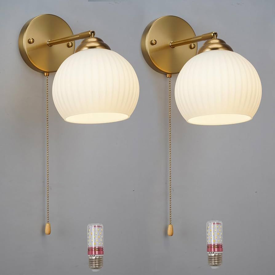 Mid-Century Modern Gold Wall Sconce, Set of 2 Industrial Bathroom Vanity Wall Sconce with White S... | Amazon (US)