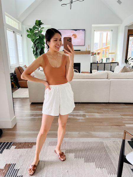 Casual summer outfit with a brown bodysuit, terry shorts and Hermes sandals! Wearing size XS in the bodysuit and love the fit and stretch  

#LTKSeasonal #LTKstyletip