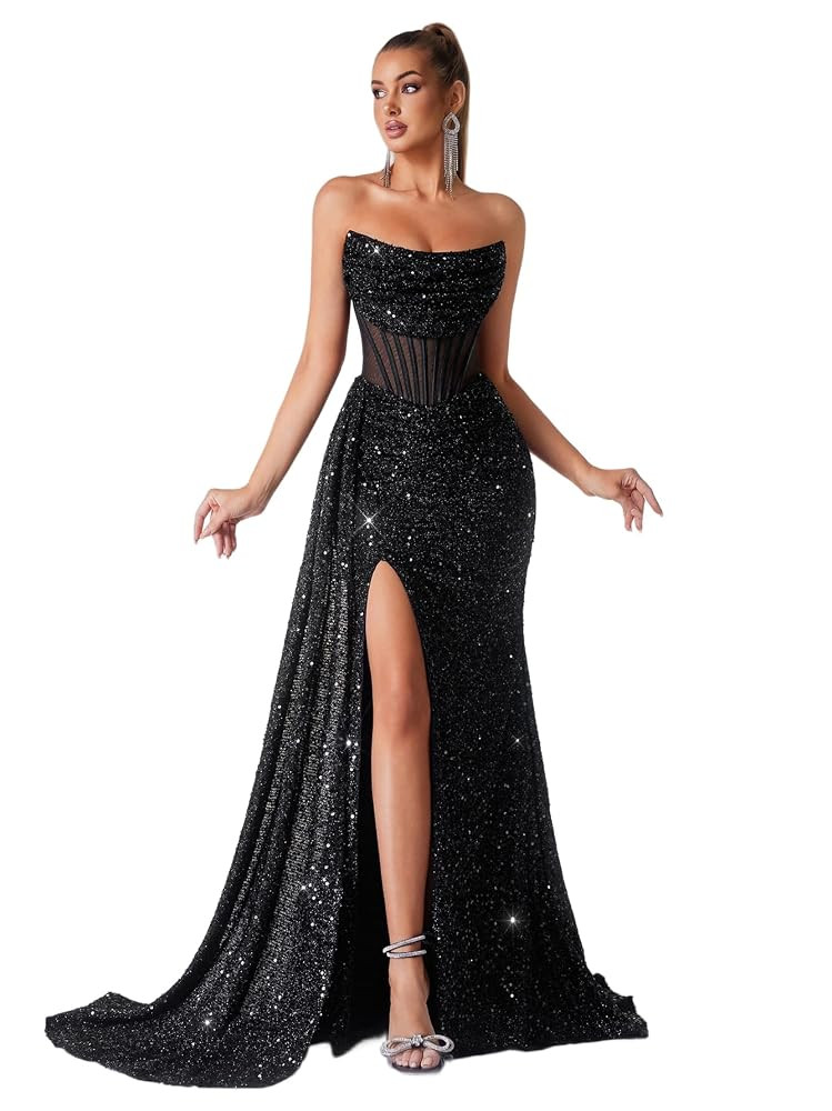 Cocktail Evening Gowns Formal Dresses for Women Sequin Tulle Wedding Guest Party Sexy Off Shoulde... | Amazon (US)