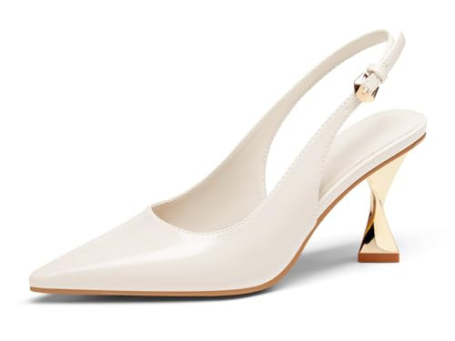 Coutgo Women's Kitten Heels Slingback Pointed Closed Toe Pumps Comfortable Dress Shoes for Work Wedding Party, Beige, Size 7.5 | Amazon (US)