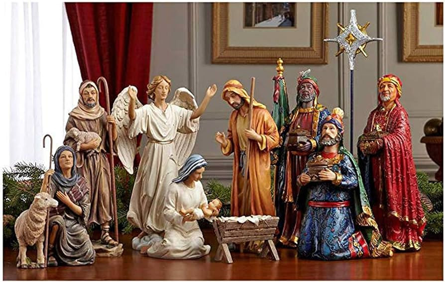 Nativity Scene Set with 11 Pieces - Magi, Angel, Shepherds, Jesus, Real Gold Trunk | Amazon (US)