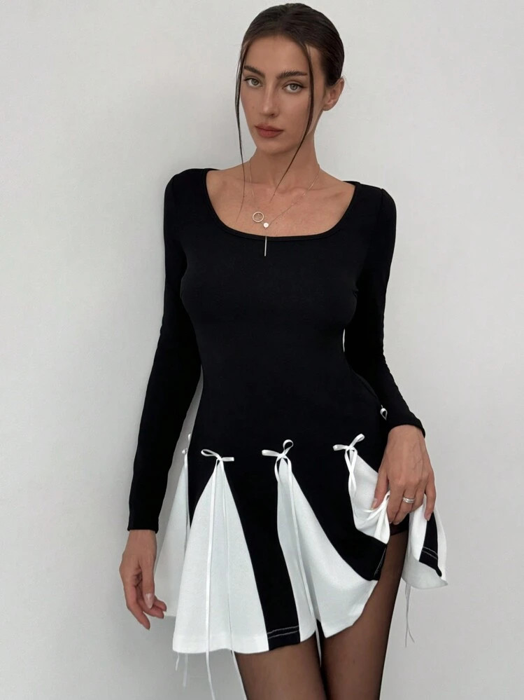 Aloruh Elegante, zoete striklintdecoratie met ruches en ronde hals, mini-jurk met lange mouwen vo... | SHEIN