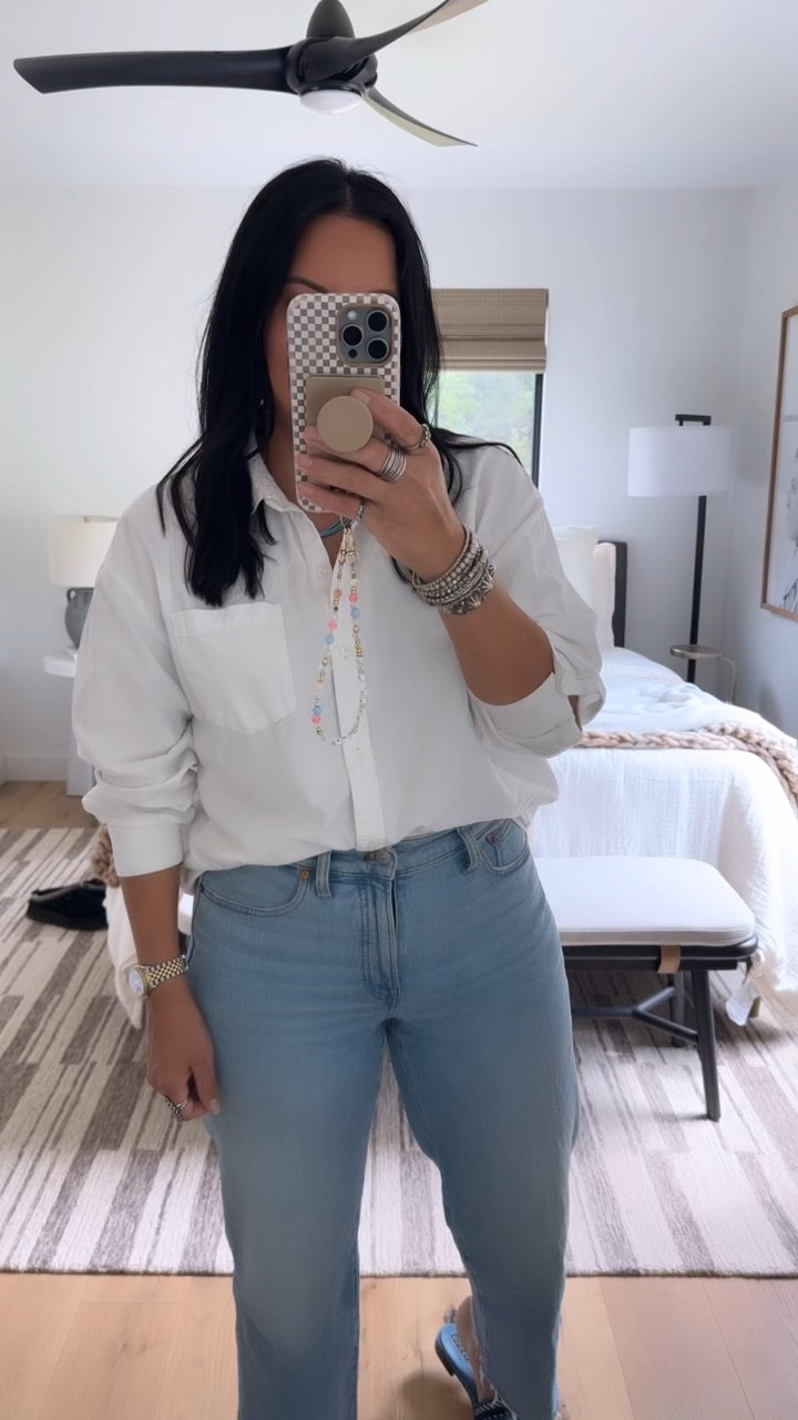 I love a classic white button up and this one is so good! It’s also 50% off (less than $19)! It’s oversized so size down (I’m wearing a medium and still have plenty of room). Jeans size 29 (I’m a size 10), size down if you are between sizes. Shoes fits tts  

#LTKOver40 #LTKWorkwear #LTKMidsize