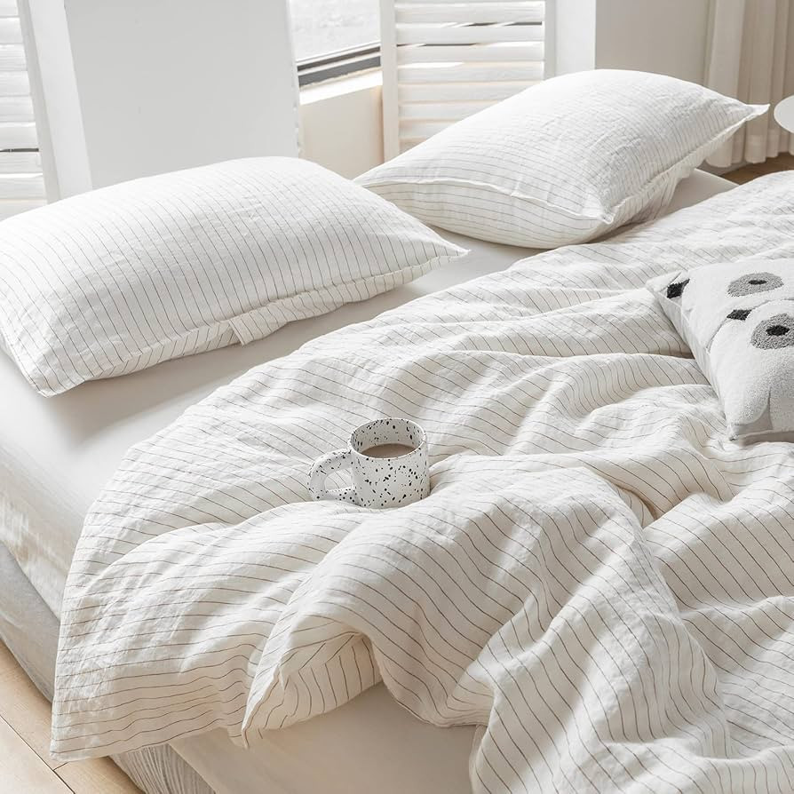 Simple&Opulence 100% Linen Duvet Cover Set 3pcs Yarn Dyed Vertical Pinstripe Ticking Pattern Natu... | Amazon (US)