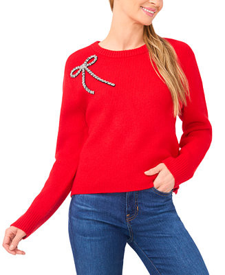 Women's Oversized Crewneck Bow Appliqué Long-Sleeve Sweater | Macy's