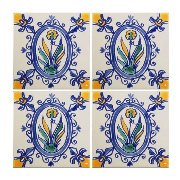 Mediterranean 4" x 4" Ceramic Iris Decorative Tile in Blue/Gray | Wayfair North America