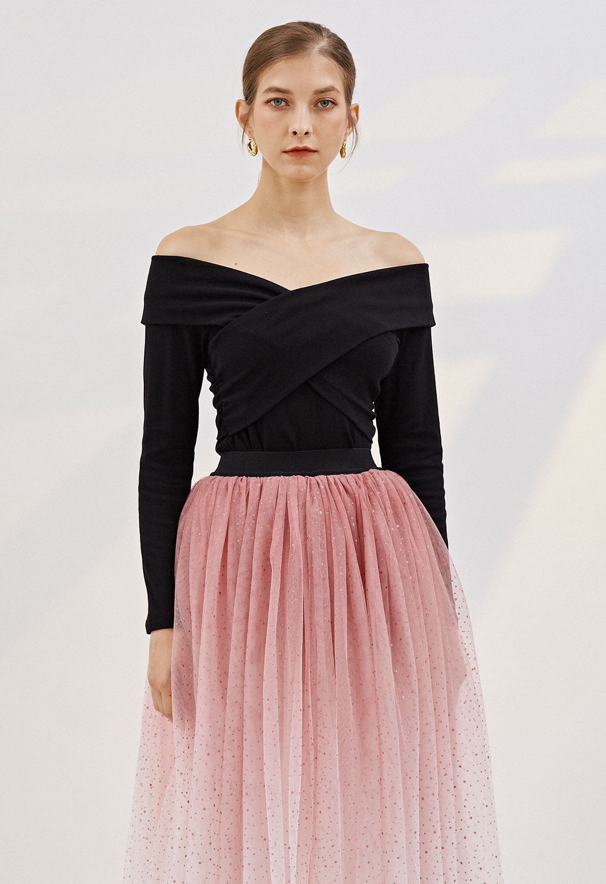 Crisscross Off-Shoulder Cotton Top in Black | Chicwish