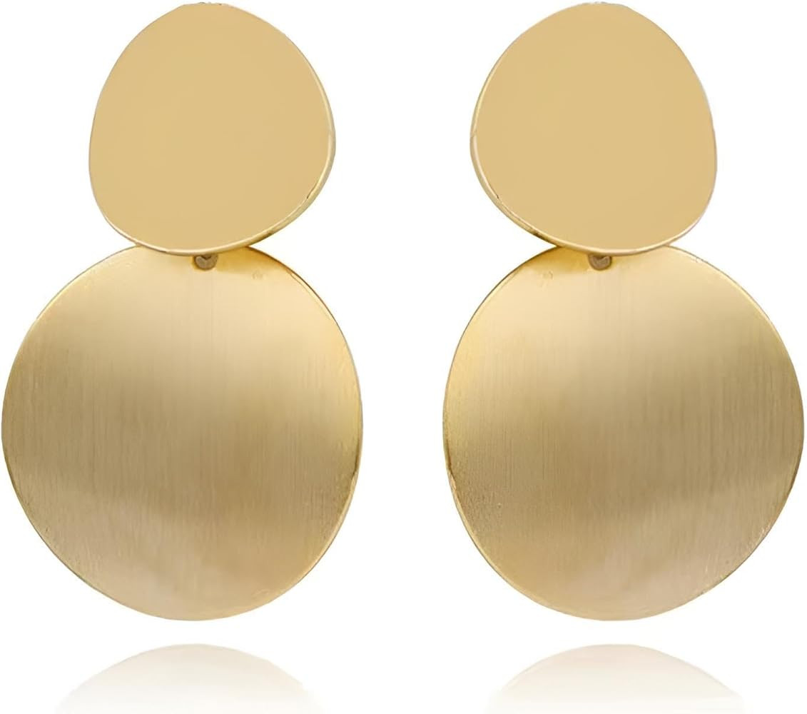 Gold Plated Curved Disc Drop Earrings Round Disc Dangle Earrings Minimalist Geometric Statement E... | Amazon (US)