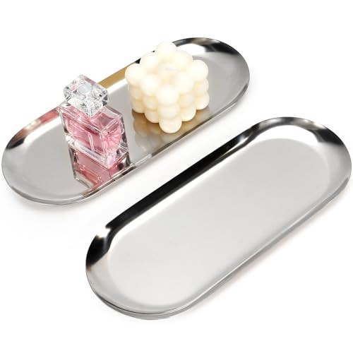 2PACK Silver Decorative Tray,Oval Stainless Steel Trays, Decorative Tray for Jewelry Dish Cosmetics Organizer Bathroom Clutter Serving Platter (Silver, 10 in) | Amazon (US)