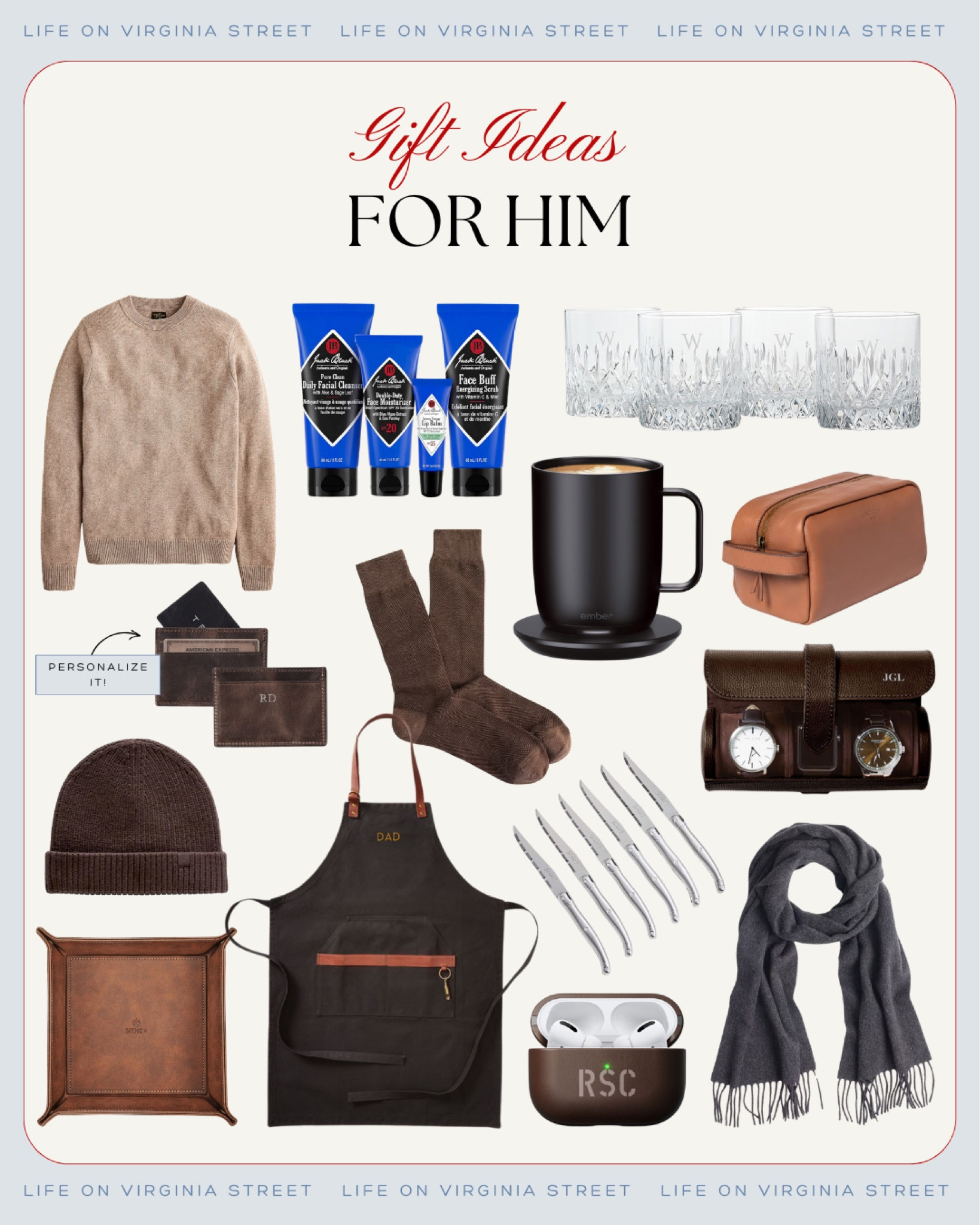 Gift ideas for men! Includes a cashmere sweater, men's facial care kit, waxed apron, mug warmer, beanie, steak knives, card holder, airpod holder, rocks glasses, and more! See all gift ideas here: https://lifeonvirginiastreet.com/gift-ideas-for-nearly-everyone-on-your-list/ #ltkgiftguide #ltkholiday #ltksalealert #ltkfindsunder50 #ltkfindsunder100 #ltkstyletip #ltkmen #ltktravel 

 

#LTKCyberWeek #LTKGiftGuide #LTKHoliday