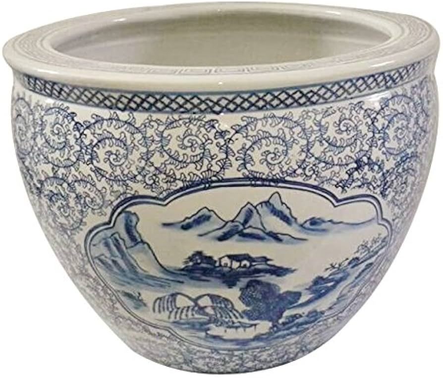 Oriental Furnishings Blue and White Porcelain Garden Pots Painted Landscape (14" W x 11" H | Insi... | Amazon (US)