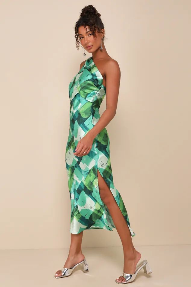 Iconic Presence Green Abstract Satin One-Shoulder Midi Dress | Lulus