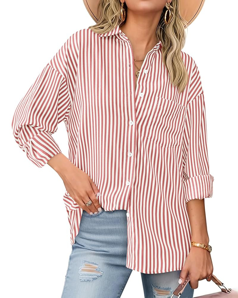 BTFBM Womens Button Down Shirts Striped Shirt Long Sleeve Casual Collared Office Work Loose Fit B... | Amazon (US)