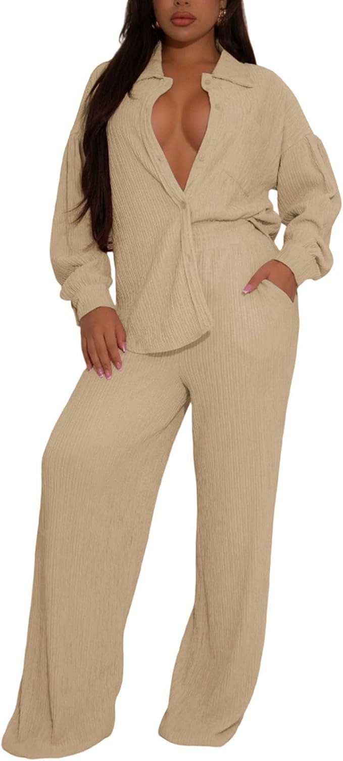 Elainone Women's 2 Piece Outfits Button-Down Shirt Long Sleeve and Flare Pleated Wide Leg Pant Se... | Amazon (US)