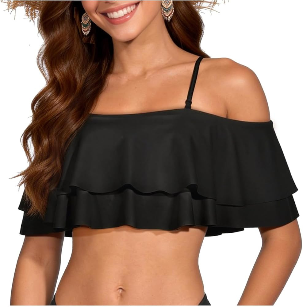 Women Ruffle Bikini Top Double Layer Flounce Swimsuit Off Shoulder Bathing Suit top Only | Amazon (US)