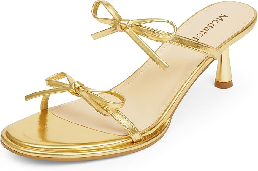 Modatope Two Strap Bow Tie Kitten Heel Sandals for Women Rounded Open Toe Heeled Sandals Women | Amazon (US)