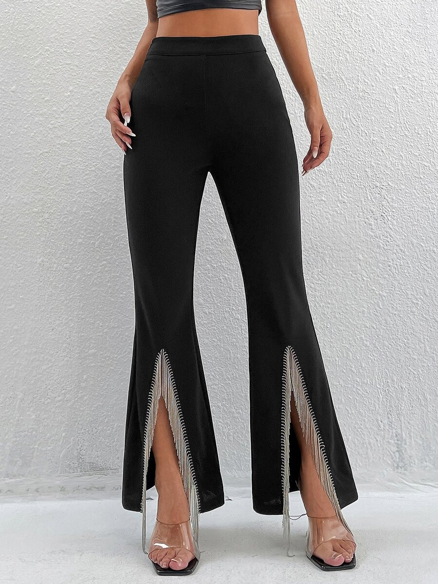 HomeWomen ClothingWomen BottomsWomen PantsSHEIN PETITE Fringe Trim Split Hem Flare Leg Pants | SHEIN
