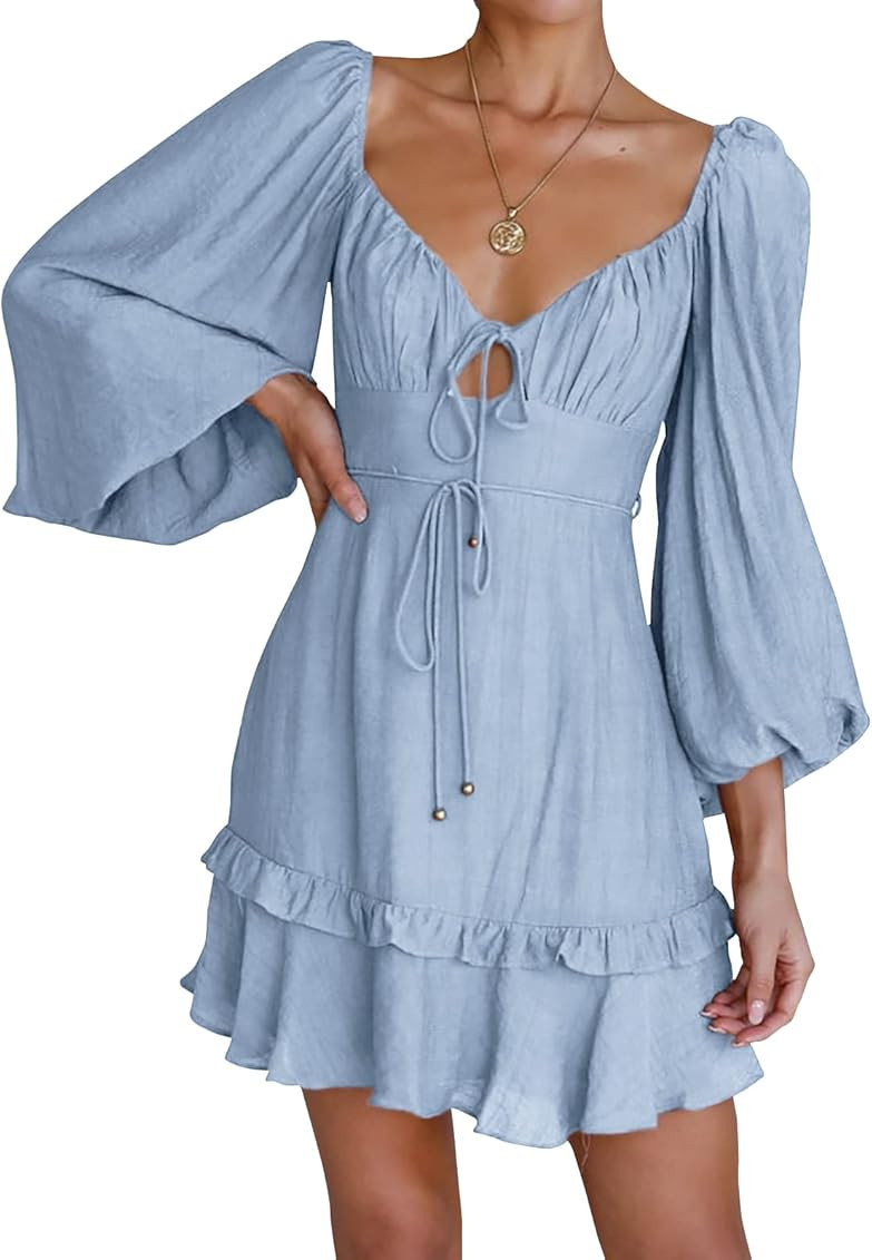 Febriajuce Women Puff Sleeve Dress Ruffle Cute Flowy Dresses Mini Fit and Flare Tie Front Princess D | Amazon (US)