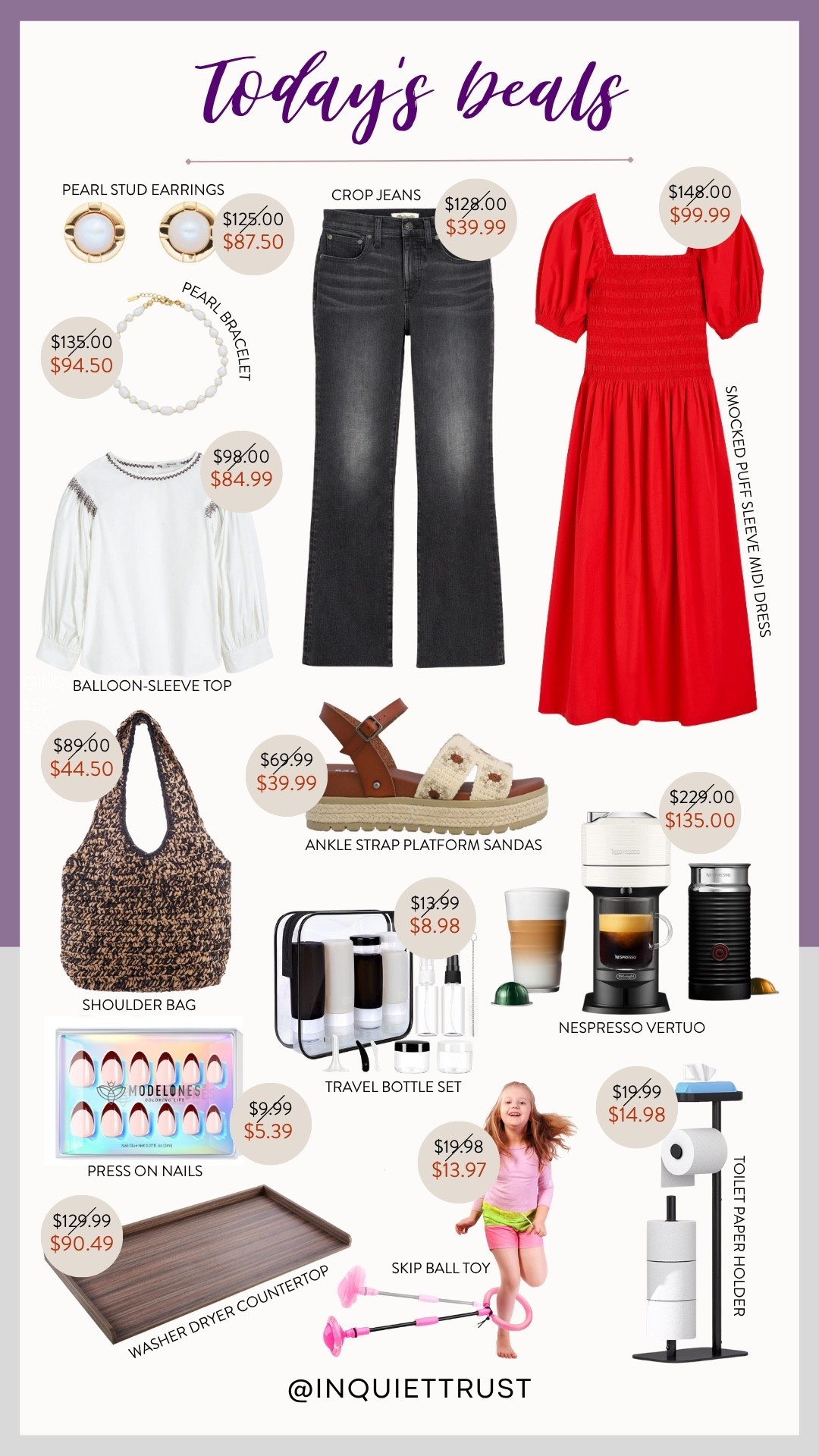 So many good finds just dropped! Grab a smocked puff sleeve midi dress, crop jeans, a balloon sleeve top, a shoulder bag, or ankle strap platform sandals. Accessorize with pearl stud earrings, a matching pearl bracelet, and press-on nails. Loving the Nespresso Vertuo and washer & dryer countertop for home upgrades! Grab a toilet paper holder, travel bottle set, and a skip ball toy for the kids.
#summerfashion #kidstoy #homemusthave #onsalenow #beautyfinds

#LTKBeauty #LTKSaleAlert #LTKSeasonal