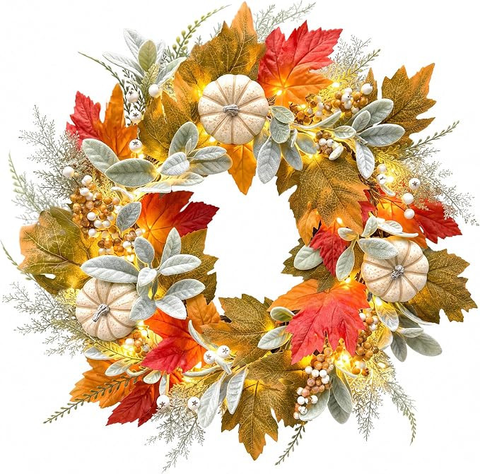 22 Inch Fall Wreaths for Front Door, Pre-Lit White Pumpkin Wreath | Handcrafted Autumn Wreath wit... | Amazon (US)