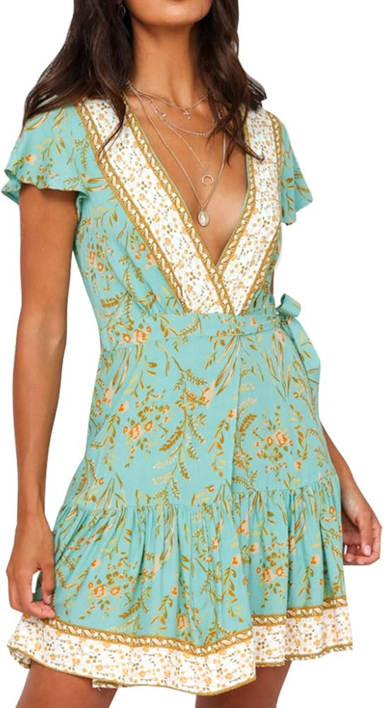 Women’s Summer Wrap V Neck Bohemian Floral Print Ruffle Swing A Line Beach Mini Dress | Amazon (US)