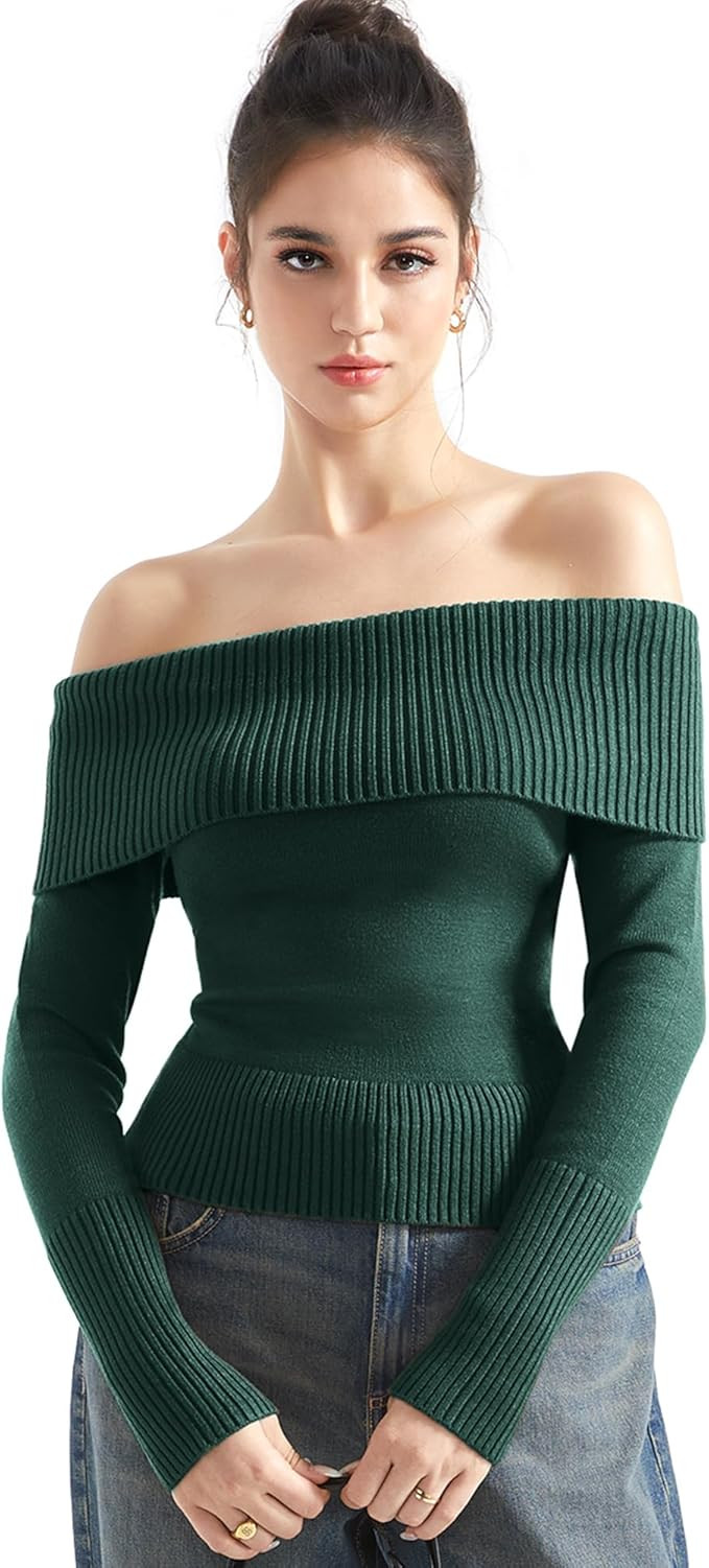 SUUKSESS Women Off Shoulder Sweaters Long Sleeve Ribbed Knit Going Out Fall Tops Blouse | Amazon (US)