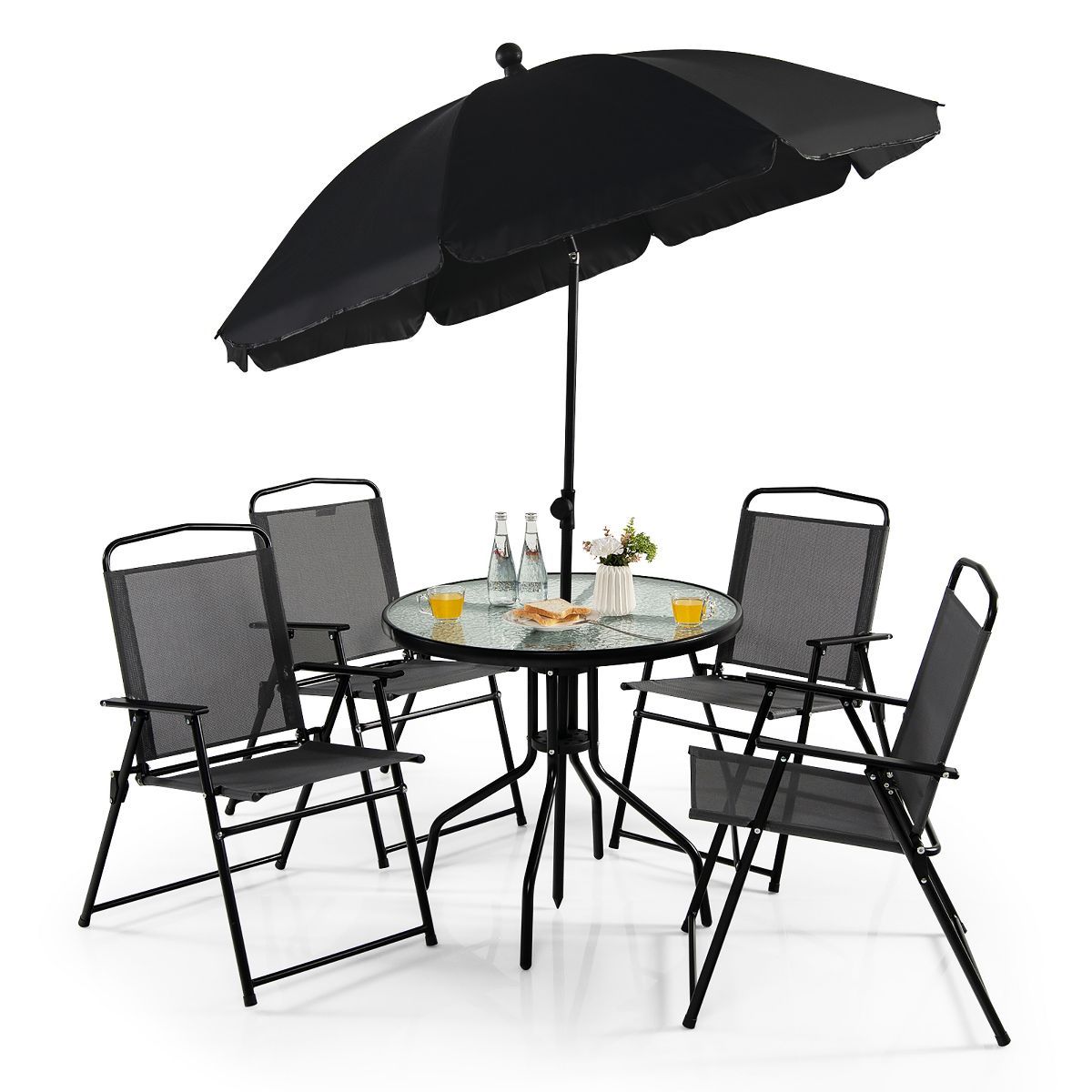 Costway 6 PCS Patio Dining Set Folding Chairs Glass Table Tilt Umbrella Garden | Target
