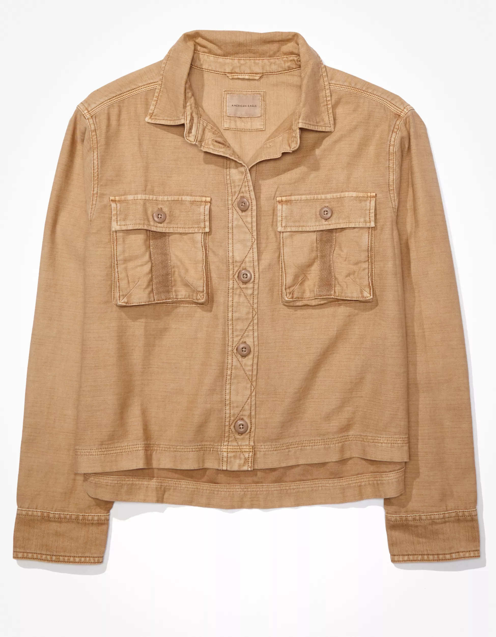 AE Long-Sleeve Cargo Button-Up Shirt | American Eagle Outfitters (US & CA)