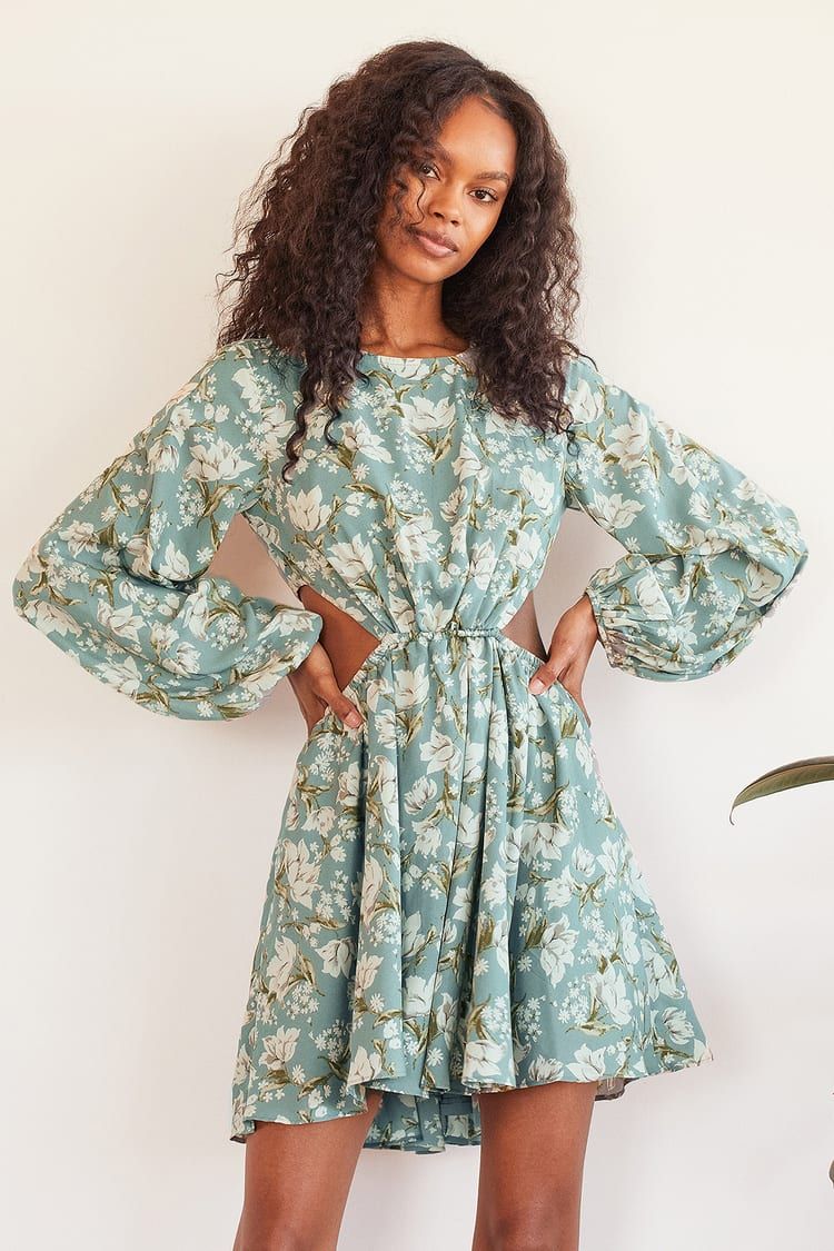 First Blooms Dusty Blue Floral Print Long Sleeve Cutout Dress | Lulus (US)