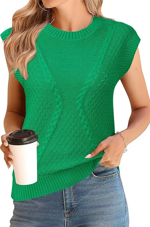 Arach&Cloz Womens Spring Sweater Vest 2025 Cap Sleeve Crew Neck Casual Tops Cable Knit Crochet Lo... | Amazon (US)