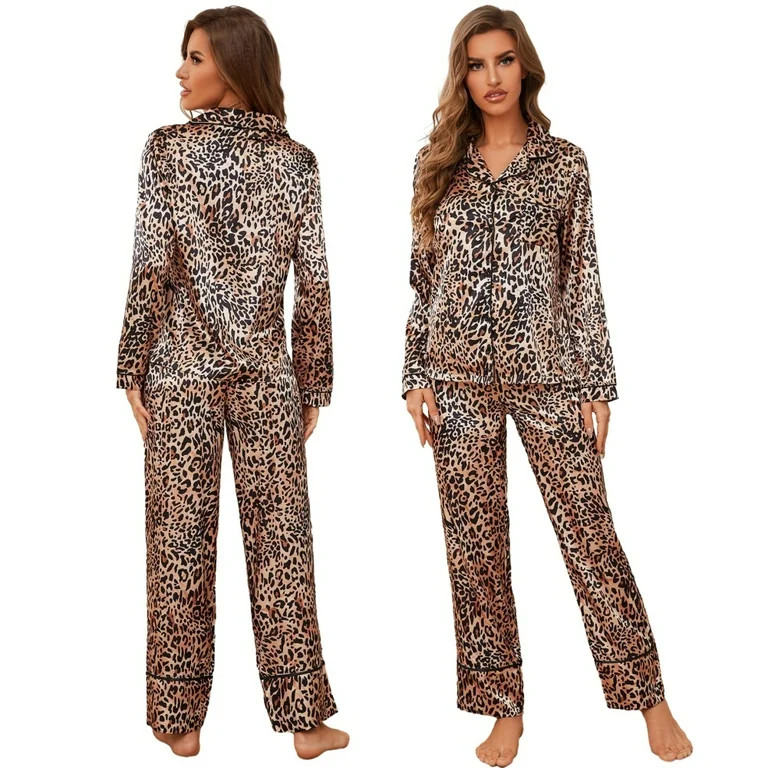 Xmarks Women's Pajamas Set 2 Piece Leopard Print Knit Long Sleeve Button Down Sleepwear Soft Pjs ... | Walmart (US)