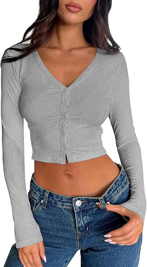 Women Long Sleeve V Neck Ribbed Crop Tight Shirts Button Down Cami Tops Slim Fit Y2k Cropped Goin... | Amazon (US)