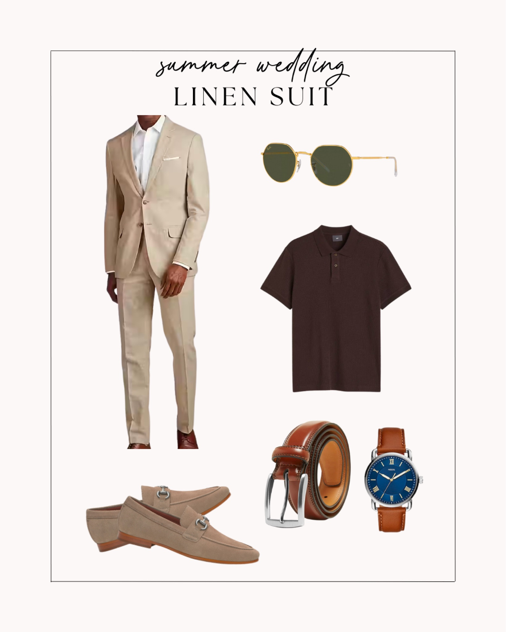 Men’s summer wedding outfit - linen suit, suede loafers, polo, Ray bans, leather belt, and leather watch. Perfect for hot outdoor summer weddings, cocktail attire men’s 

#LTKmens #LTKFind #LTKSeasonal