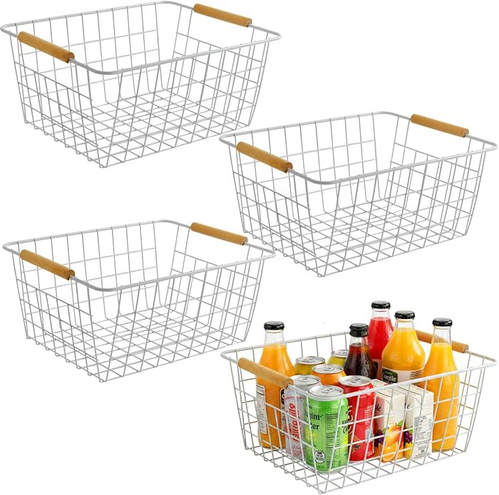 4 Pack White Metal Wire Food Storage Basket Organizer with Wooden Handles for Organizing Kitchen ... | Amazon (US)