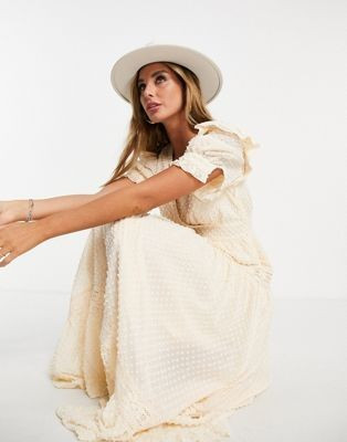 ASOS DESIGN wrap front lace insert textured midi tea dress in cream | ASOS (Global)