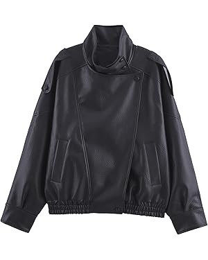 Faux Leather Jacket Women High Collar Full Zip Elastic Hem Bomber Jackets Oversized Motorcycle Ja... | Amazon (US)