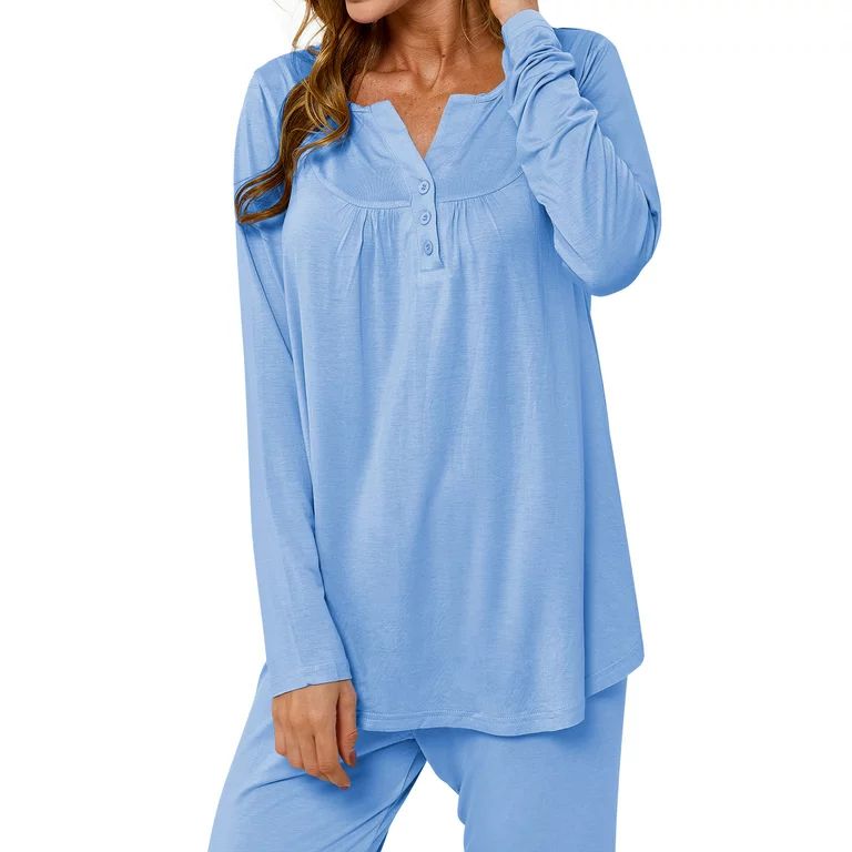 HUBERY Adult Women Pleated Buttons V Neck Long Sleeve Leisure Pajama Set,L | Walmart (US)