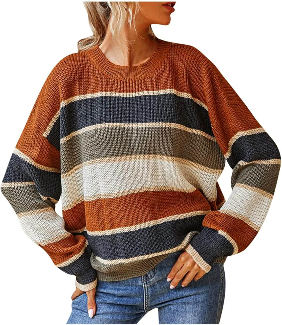 Women's Oversized Knitted Sweater Casual Long Sleeve Stripe Splicing Pullover Tops Dressy Comfy L... | Amazon (US)
