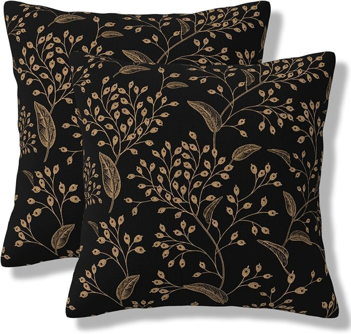 Boho Flowers Throw Pillow Covers Black Gold Floral Leaves Square Pillow Cases 18x18 Inch Set of 2... | Amazon (US)